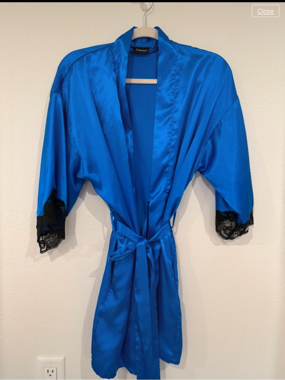 Fredericks of Hollywood Satin Robe kimono with Lace Trim - Blue M